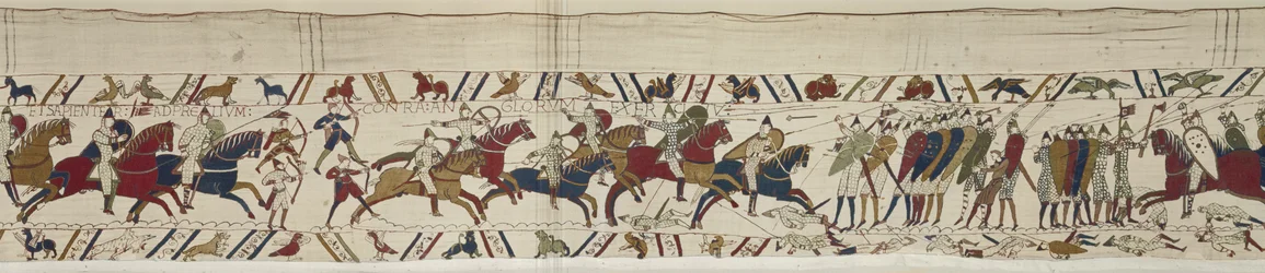 Die normannische Kavallerie greift die englische Schildmauer an und die Schlacht beginnt, Bayeux-Tapete
